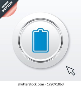 Battery fully charged sign icon. Electricity symbol. White button with metallic line. Modern UI website button with mouse cursor pointer. Vector