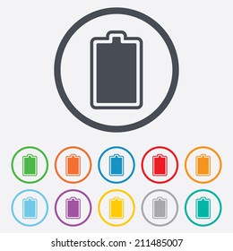 Battery fully charged sign icon. Electricity symbol. Round circle buttons with frame. Vector