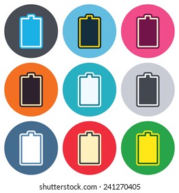 Battery fully charged sign icon. Electricity symbol. Colored round buttons. Flat design circle icons set. Vector