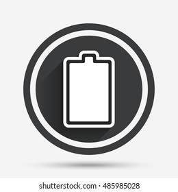 Battery fully charged sign icon. Electricity symbol. Circle flat button with shadow and border. Vector