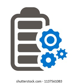 Battery with gear mechanism icon. Fast charge batteries process illustration. Li-ion cogwheel Logo.