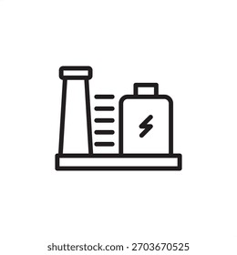 Icono de Gigafactory que simboliza la producción y fabricación de energía a Grande escala. Cuenta con una instalación industrial con un relámpago, que representa las celdas de la batería EV y los sistemas de almacenamiento eléctrico