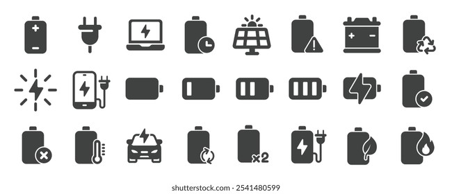 Battery Glyphe Solid Icons Sammlung. Enthalten Aufladung, Strom, Strom, Energie. Minimale Symbol- und Symbolreihen, Vektorgrafik