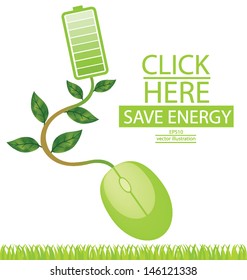 Battery. Green energy. Computer mouse. Go green. Save world. vector illustration.
