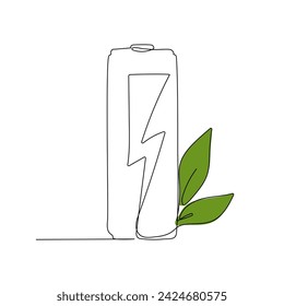 Battery with green leaves in continuous one line art style. Green energy concept. Simple vector illustration