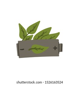 Battery with green leaves doodle style hand drawn zero waste and ecological green energy concept. Stock vector