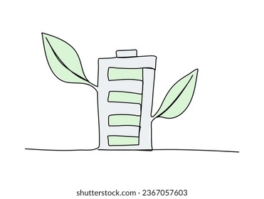 Battery with green leaves growing out of it . Green energy concept. One line drawing colored with pastel colors vector illustration.