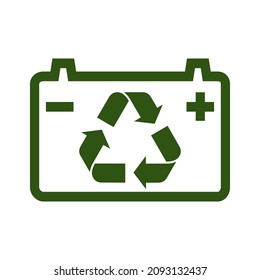 Battery, green leaves and recycling sign. Symbol of battery recycling or reuse. Vector Illustration