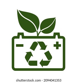 Battery, green leaves and recycling sign. Symbol of battery recycling or reuse. Vector Illustration