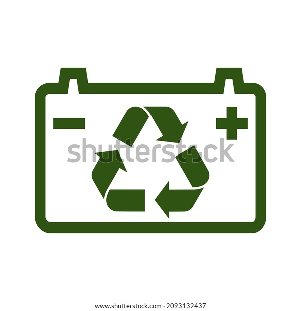 Battery, green leaves and\
recycling sign. Symbol of battery recycling or reuse. Vector\
Illustration