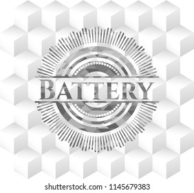 Battery grey badge with geometric cube white background