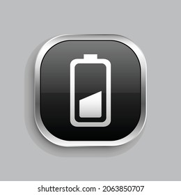 Akku-Halbsymbol-Design. Glossy Button-Stil abgerundetes Rechteck einzeln auf grauem Hintergrund. Vektorgrafik