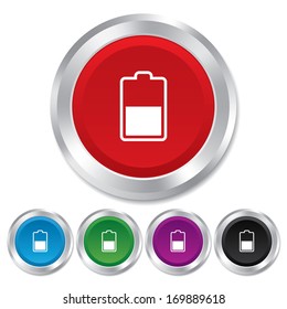 Battery half level sign icon. Low electricity symbol. Round metallic buttons. Vector