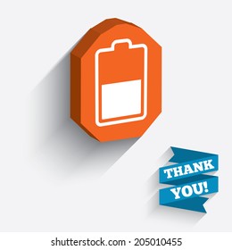 Battery half level sign icon. Low electricity symbol. White icon on orange 3D piece of wall. Carved in stone with long flat shadow. Vector