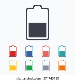 Battery half level sign icon. Low electricity symbol. Colored flat icons on white background.