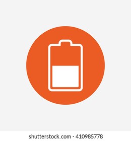 Battery half level sign icon. Low electricity symbol. Orange circle button with icon. Vector