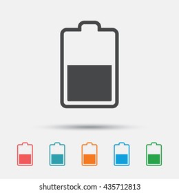 Battery half level sign icon. Low electricity symbol. Graphic element on white background. Colour clean flat battery icons. Vector