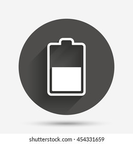 Battery half level sign icon. Low electricity symbol. Circle flat button with shadow. Vector