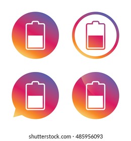 Battery half level sign icon. Low electricity symbol. Gradient buttons with flat icon. Speech bubble sign. Vector