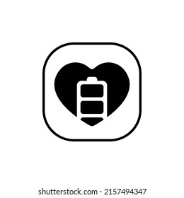 Battery health icon vector. Charging heart logo in square line