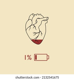 Battery of heart is low. Heart needs recharging. Creative concept