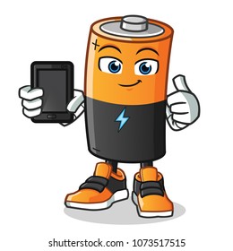 battery holding phone mascot vector cartoon illustration