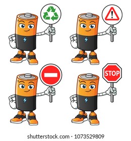battery holding sign mascot vector cartoon illustration