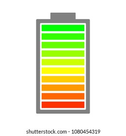 Battery icon. 10 cells with gradient colors. Green, yellow, red. Vector.