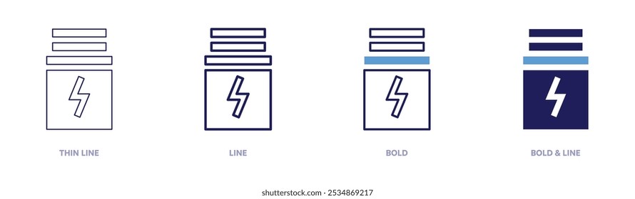 Battery icon in 4 different styles. Thin Line, Line, Bold, and Bold Line. Duotone style. Editable stroke.