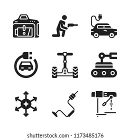 battery icon. 9 battery vector icons set. vehicle, positive ion and electric car icons for web and design about battery theme