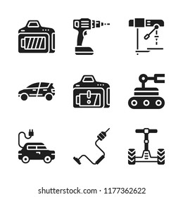 battery icon. 9 battery vector icons set. vehicle, low battery and drill icons for web and design about battery theme