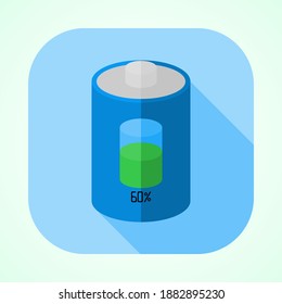 battery icon, Blue battery shows green energy stock with sixty percent on blue background, Vector a flat with shadow illustration.