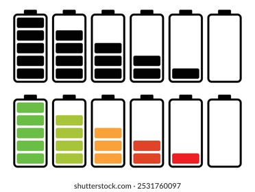 Conjunto de iconos de batería, indicador de Recargo completo de batería o señal de bajo Recargo. Batería de nivel Energía poderosamente llena.