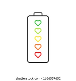 battery icon with a charge in the form of heart. concept of environmental concern, level of love.  simple sign on white background
