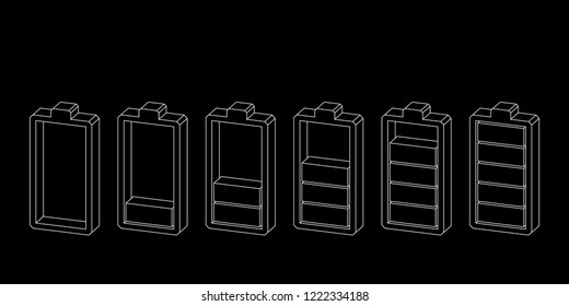 Battery icon. Charge level indicators. Vector outline illustration. Dimetric projection.