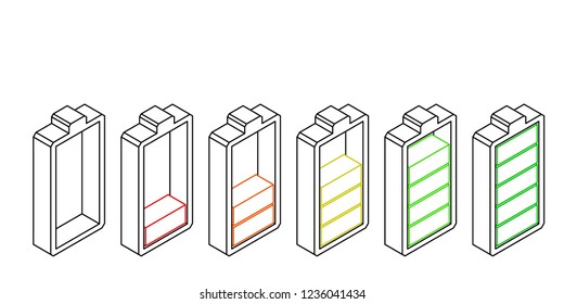 Battery icon. Charge level indicators. Vector outline illustration. Isometric projection.