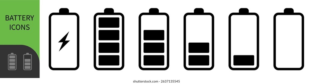 A battery icon with charge levels from full (green) to low (red), with a charging symbol on the first, representing power, energy storage, and readiness for use in electronic devices