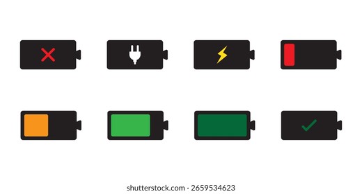 battery icon. battery charge icon set . Battery level icon set showing charging progress from low to full . 