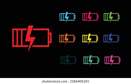 Icono de la batería. Señal de la batería de carga con el rayo, conjunto de acumuladores eléctricos aislados en colores vivos. Cargador, estación de carga. Icono brillante, signo, símbolo para el diseño de la interfaz de usuario. Ilustración del vector