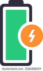 Battery icon charging, with green indicator and orange lightning bolt representing energy and power, ideal for illustrating charging process