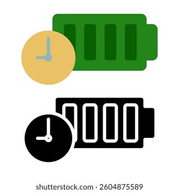battery icon with clock, long lasting battery icon, simple flat style, illustration, logo sign symbol pictogram template, for ui or ux isolated on white for mobile app, editable