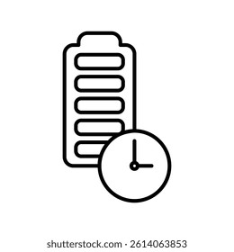 battery icon with clock, long lasting battery icon, simple flat style, illustration, logo sign symbol pictogram template, for ui or ux isolated on white for mobile app, editable