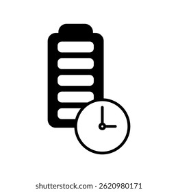 Icono de batería con reloj, icono de batería de larga duración, estilo plano simple, ilustración, Plantilla de pictograma de símbolo de logotipo, para UI o UX aislado en blanco para App móvil, editable