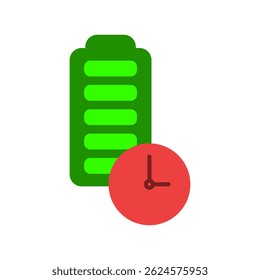 battery icon with clock, long lasting battery icon, simple flat style, illustration, logo sign symbol pictogram template, for ui or ux isolated on white for mobile app, editable