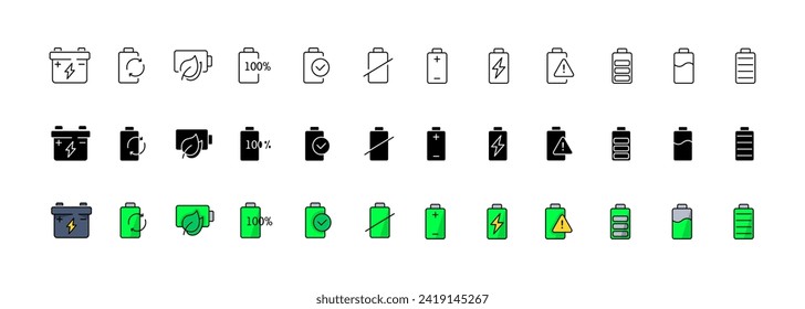 Battery icon collection. Electricity set. Linear, silhouette and flat style. Vector icons