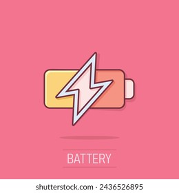 Battery icon in comic style. Accumulator cartoon vector illustration on isolated background. Energy charger splash effect business concept.