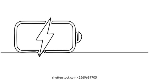 Battery icon continuous one line drawing, One continuous line drawing of battery charging. Lightning bolt symbol and electricity energy type sign in simple linear style. Editable stroke, One line draw