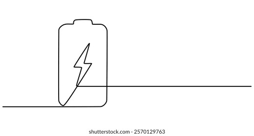 Battery icon continuous one line drawing, outline drawing of Battery with bolt symbol. Battery single vector illustration. Editable vector, Continuous one Line Drawing of battery. pro vector.