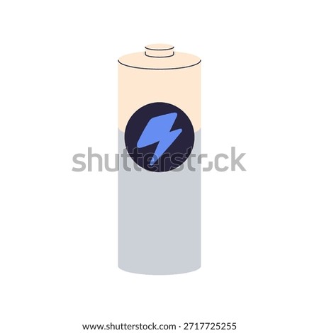 Battery icon, cylindrical alkaline power cell with plus and minus symbols, energy supply, rechargeable battery, electrical energy source, portable power supply object flat vector illustration.
