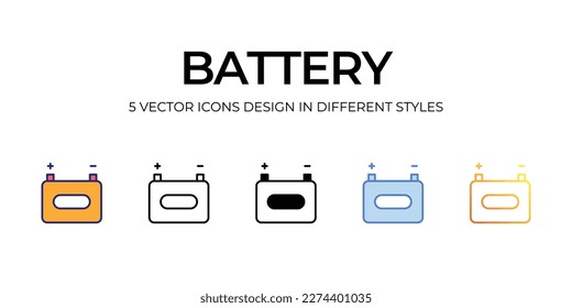 battery Icon Design in Five style with Editable Stroke. Line, Solid, Flat Line, Duo Tone Color, and Color Gradient Line. Suitable for Web Page, Mobile App, UI, UX and GUI design.